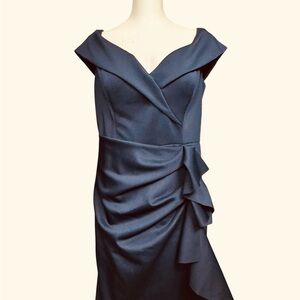 XSCAPE EVENINGS "PATTI" OFF THE SHOULDER SCUBA CREPE DRESS